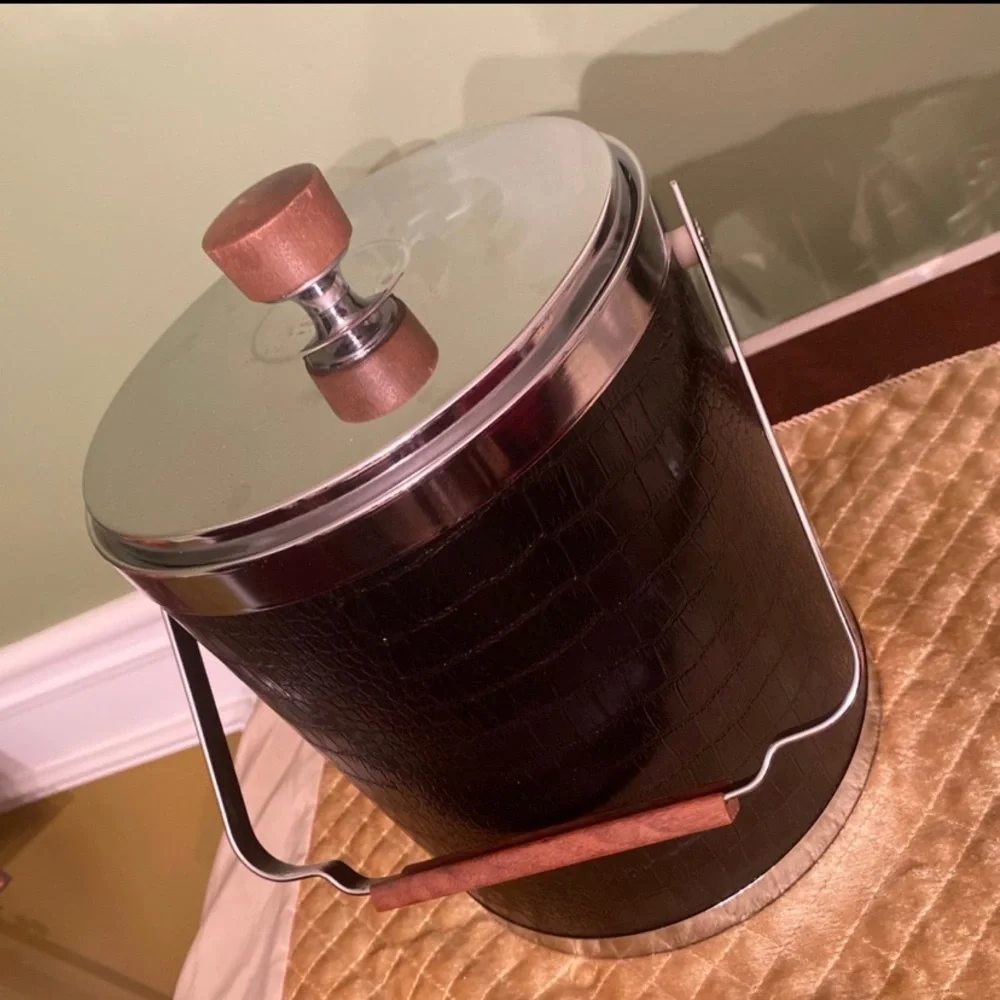 Vintage Kromex Black Patent Leather and Chrome Retro Classic Ice Bucket